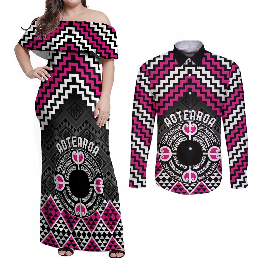 Personalised Aotearoa Niho Taniwha Motif Couples Matching Off Shoulder Maxi Dress and Long Sleeve Button Shirt Pink Style LT9 Pink - Polynesian Pride