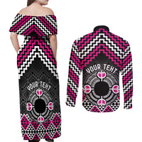 Personalised Aotearoa Niho Taniwha Motif Couples Matching Off Shoulder Maxi Dress and Long Sleeve Button Shirt Pink Style LT9 - Polynesian Pride