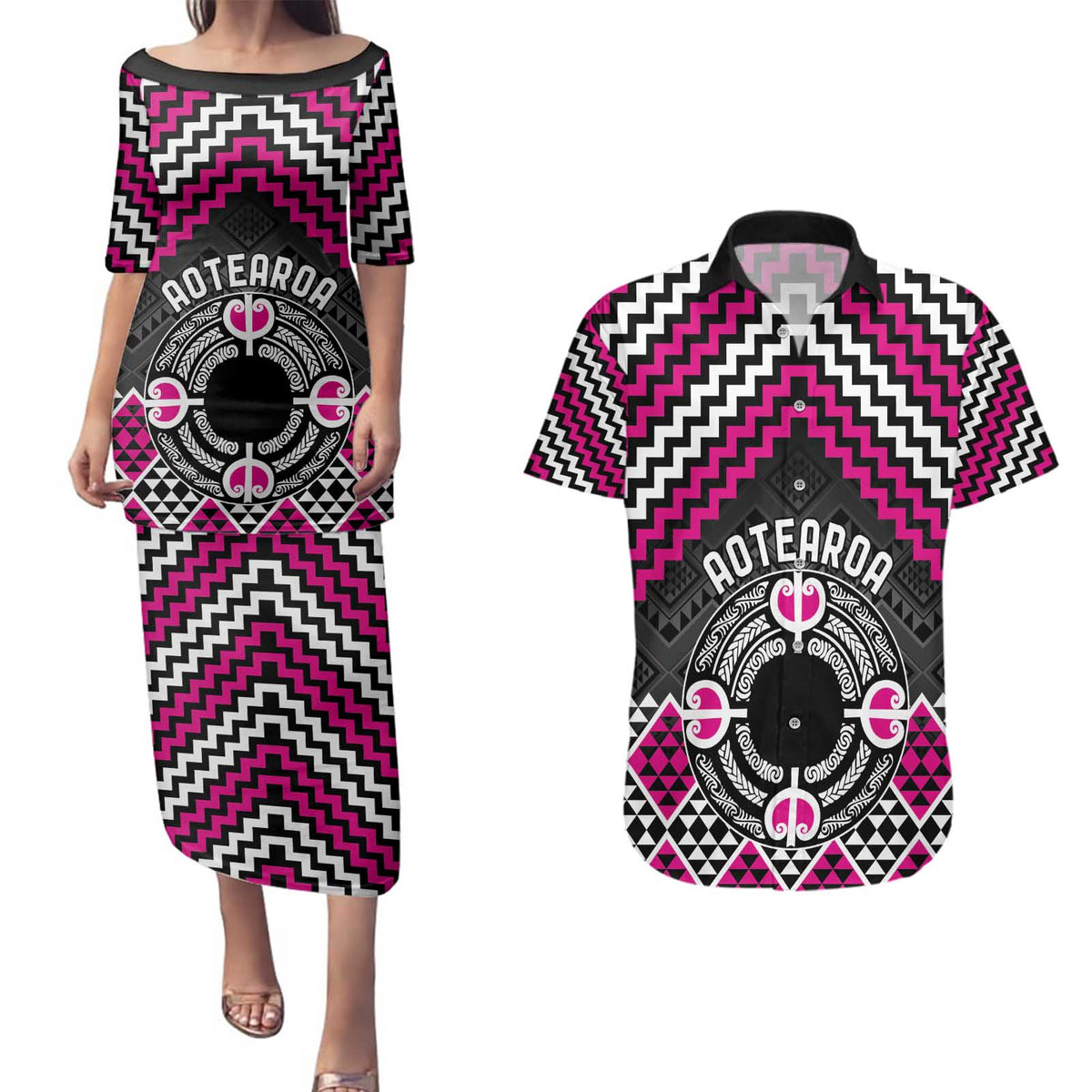 Personalised Aotearoa Niho Taniwha Motif Couples Matching Puletasi and Hawaiian Shirt Pink Style LT9 Pink - Polynesian Pride
