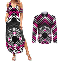 Personalised Aotearoa Niho Taniwha Motif Couples Matching Summer Maxi Dress and Long Sleeve Button Shirt Pink Style LT9 Pink - Polynesian Pride