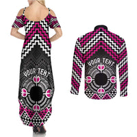 Personalised Aotearoa Niho Taniwha Motif Couples Matching Summer Maxi Dress and Long Sleeve Button Shirt Pink Style LT9 - Polynesian Pride