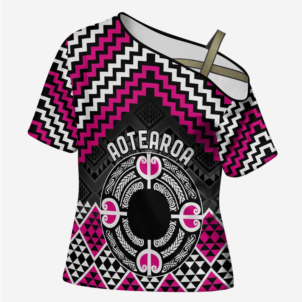 Personalised Aotearoa Niho Taniwha Motif Cross Shoulder Shirt Pink Style - Polynesian Pride