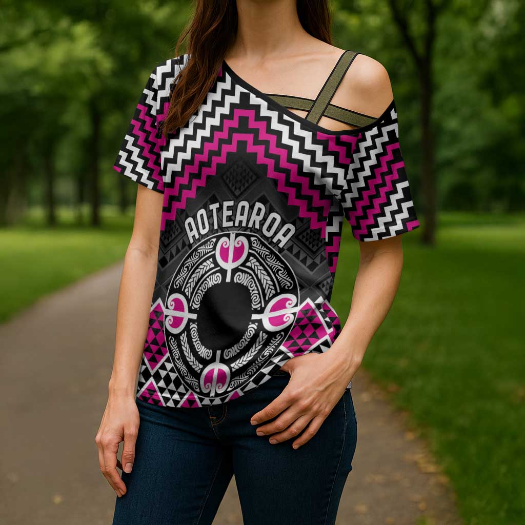 Personalised Aotearoa Niho Taniwha Motif Cross Shoulder Shirt Pink Style - Polynesian Pride