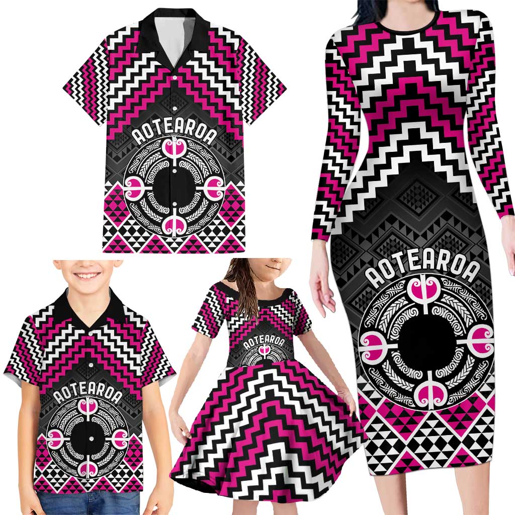 Personalised Aotearoa Niho Taniwha Motif Family Matching Long Sleeve Bodycon Dress and Hawaiian Shirt Pink Style