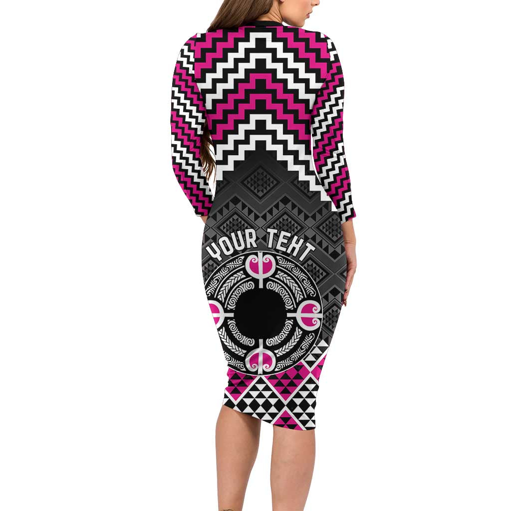 Personalised Aotearoa Niho Taniwha Motif Family Matching Long Sleeve Bodycon Dress and Hawaiian Shirt Pink Style