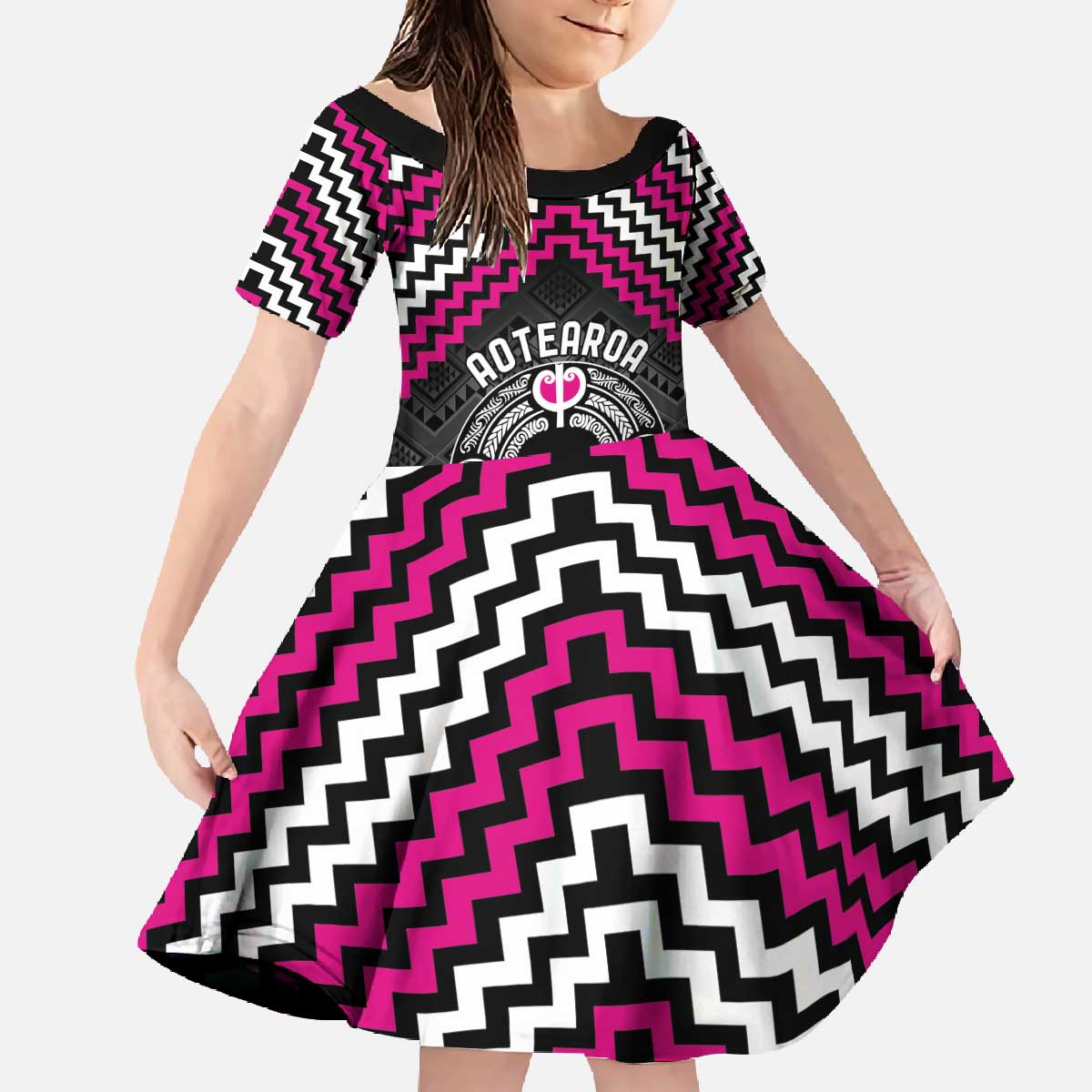 Personalised Aotearoa Niho Taniwha Motif Family Matching Off The Shoulder Long Sleeve Dress and Hawaiian Shirt Pink Style