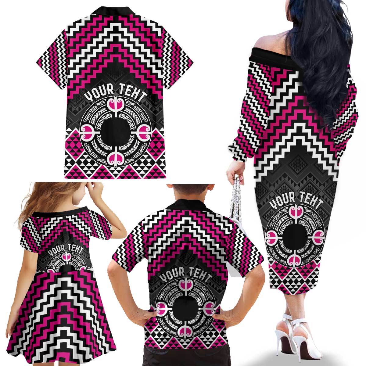 Personalised Aotearoa Niho Taniwha Motif Family Matching Off The Shoulder Long Sleeve Dress and Hawaiian Shirt Pink Style