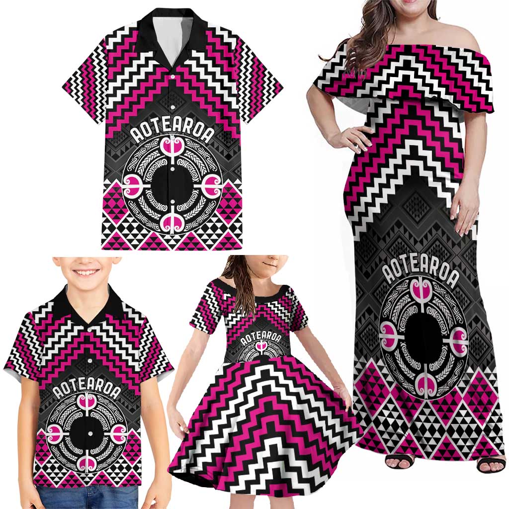 Personalised Aotearoa Niho Taniwha Motif Family Matching Off Shoulder Maxi Dress and Hawaiian Shirt Pink Style