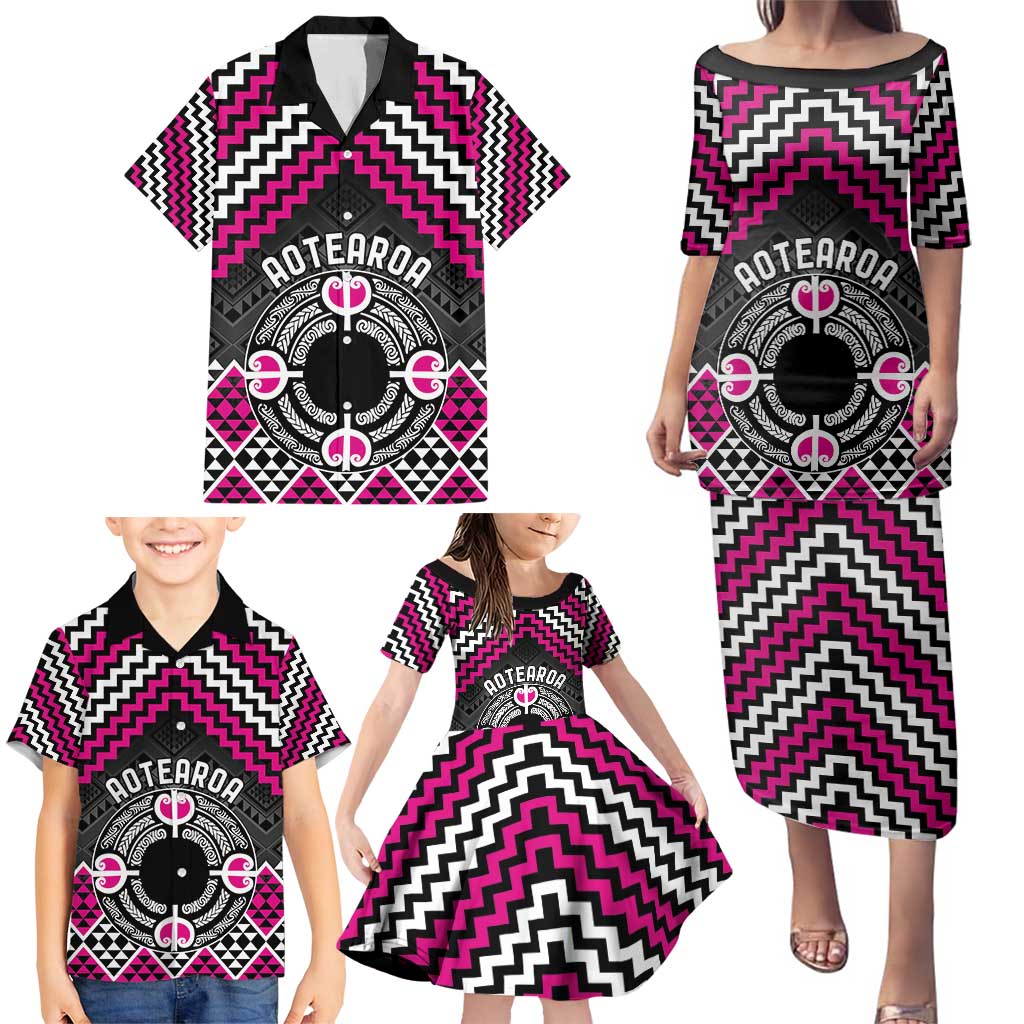 Personalised Aotearoa Niho Taniwha Motif Family Matching Puletasi and Hawaiian Shirt Pink Style