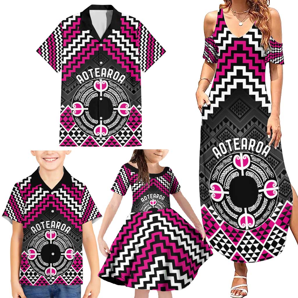 Personalised Aotearoa Niho Taniwha Motif Family Matching Summer Maxi Dress and Hawaiian Shirt Pink Style