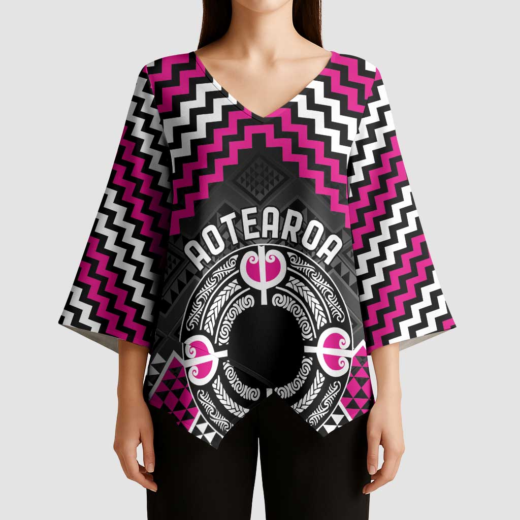 Personalised Aotearoa Niho Taniwha Motif Kimono Sleeve Blouse Pink Style - Polynesian Pride
