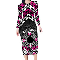 Personalised Aotearoa Niho Taniwha Motif Long Sleeve Bodycon Dress Pink Style