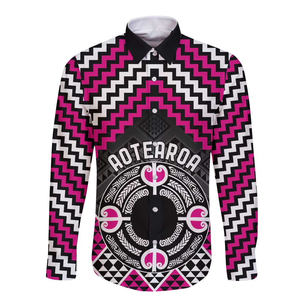 Personalised Aotearoa Niho Taniwha Motif Long Sleeve Button Shirt Pink Style LT9 Unisex Pink - Polynesian Pride