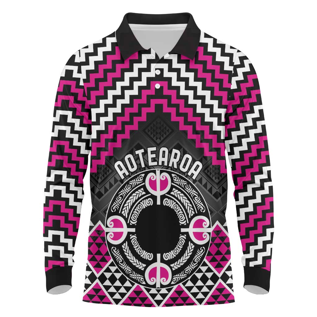 Personalised Aotearoa Niho Taniwha Motif Long Sleeve Polo Shirt Pink Style