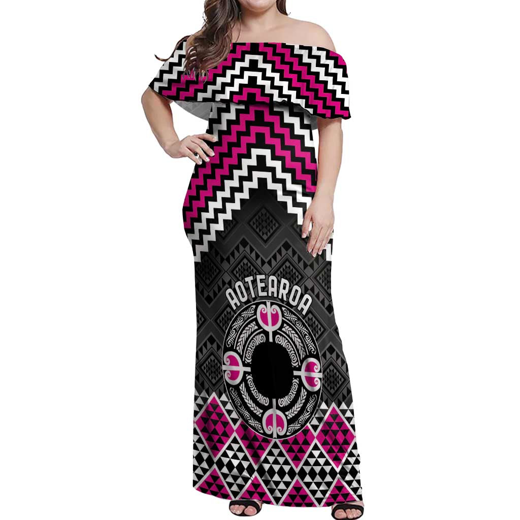 Personalised Aotearoa Niho Taniwha Motif Off Shoulder Maxi Dress Pink Style LT9 Women Pink - Polynesian Pride