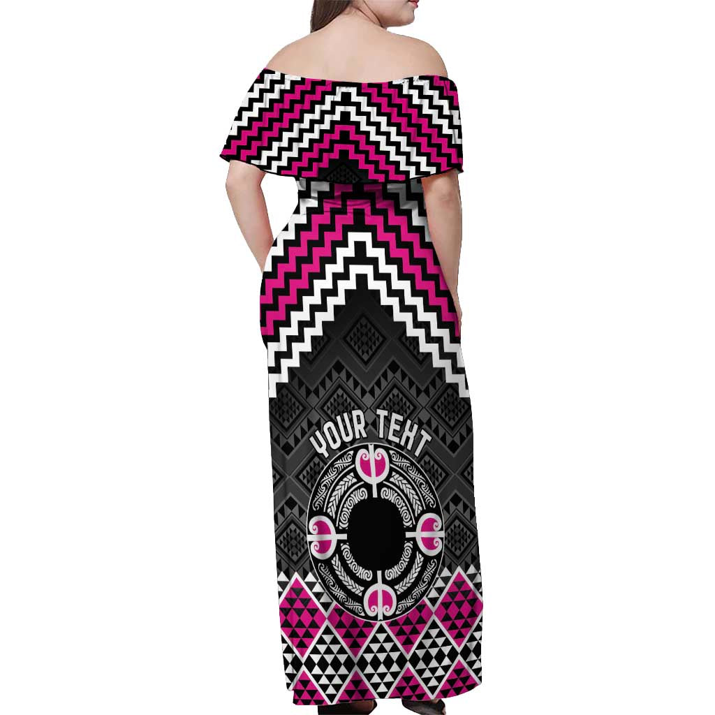 Personalised Aotearoa Niho Taniwha Motif Off Shoulder Maxi Dress Pink Style LT9 - Polynesian Pride
