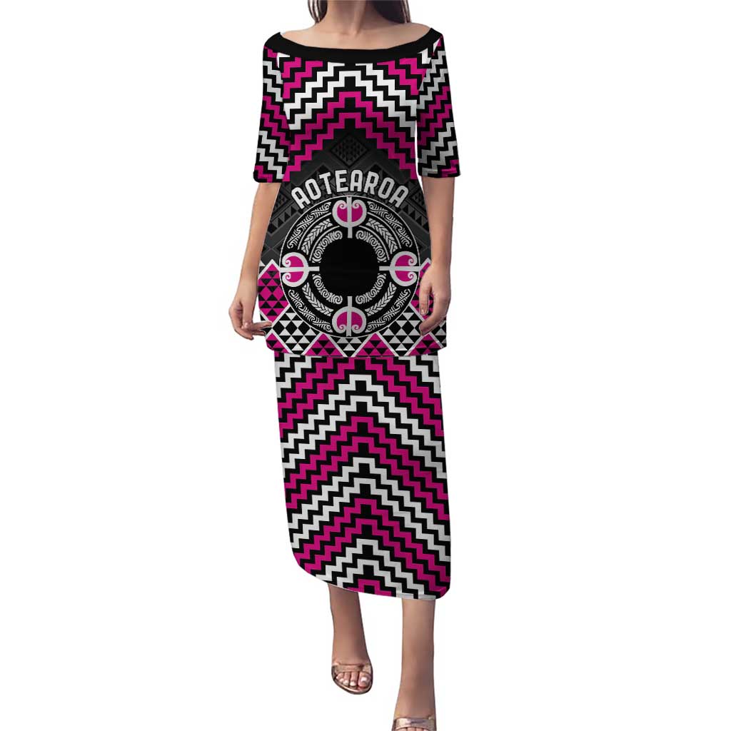 Personalised Aotearoa Niho Taniwha Motif Puletasi Pink Style LT9 Long Dress Pink - Polynesian Pride