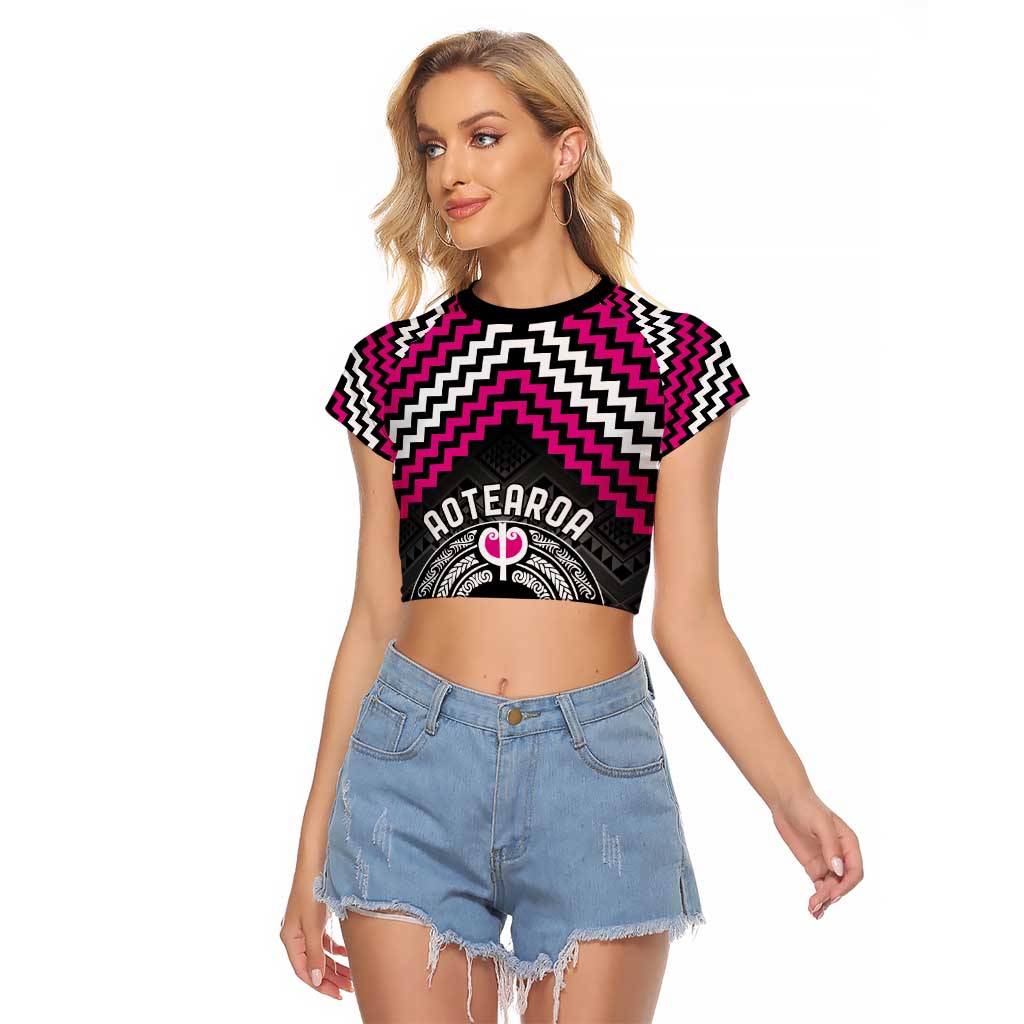 Personalised Aotearoa Niho Taniwha Motif Raglan Cropped T Shirt Pink Style LT9 Female Pink - Polynesian Pride