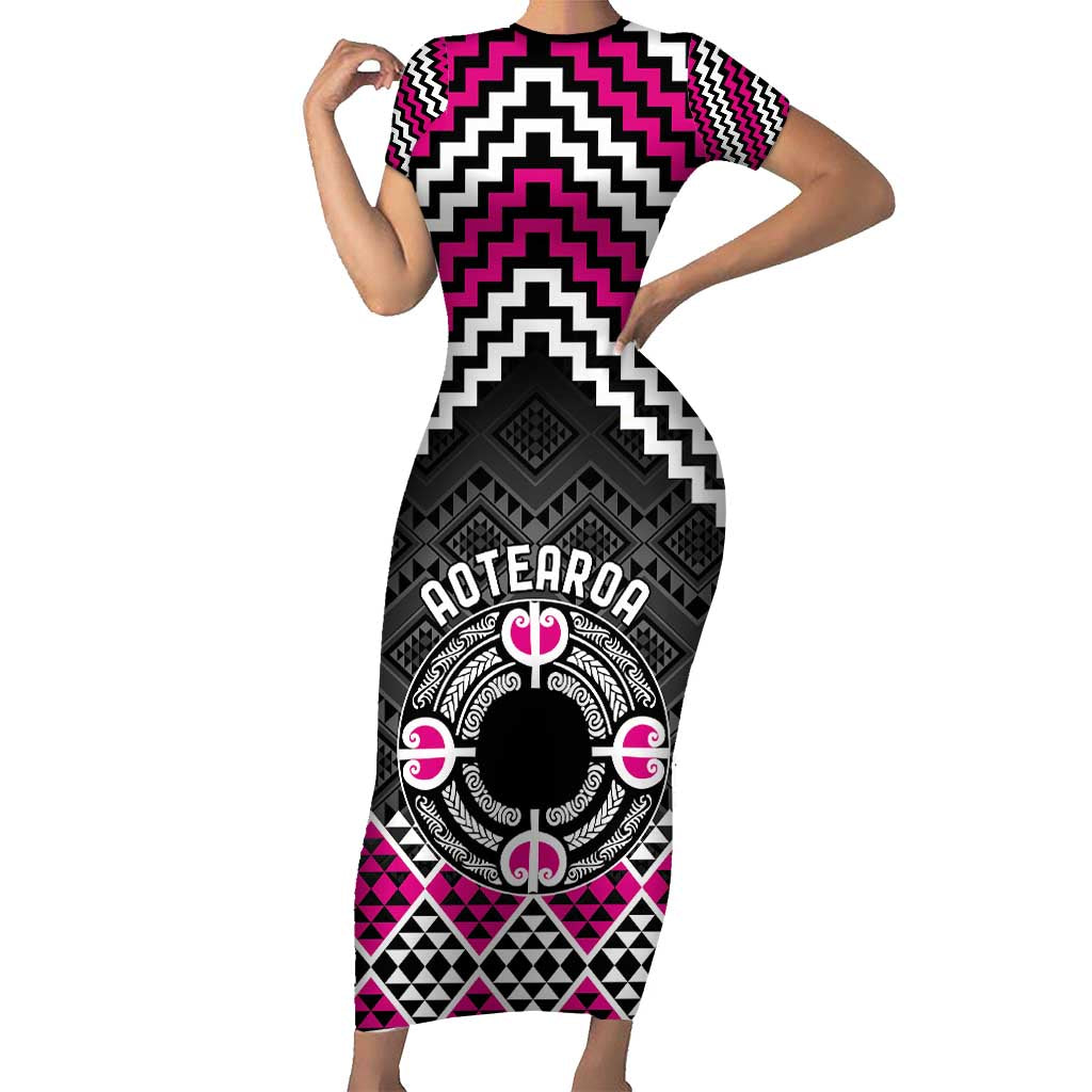 Personalised Aotearoa Niho Taniwha Motif Short Sleeve Bodycon Dress Pink Style LT9 Long Dress Pink - Polynesian Pride