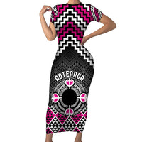 Personalised Aotearoa Niho Taniwha Motif Short Sleeve Bodycon Dress Pink Style LT9 Long Dress Pink - Polynesian Pride
