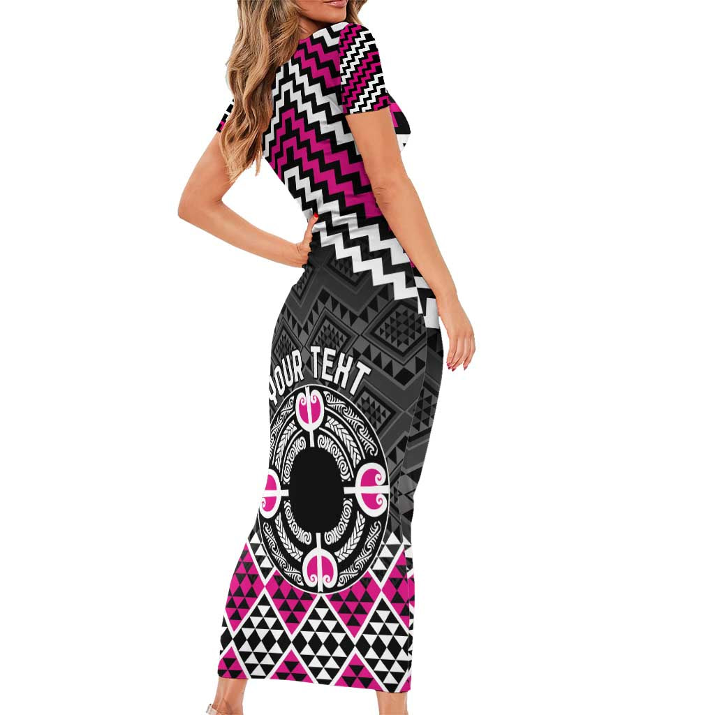 Personalised Aotearoa Niho Taniwha Motif Short Sleeve Bodycon Dress Pink Style LT9 - Polynesian Pride