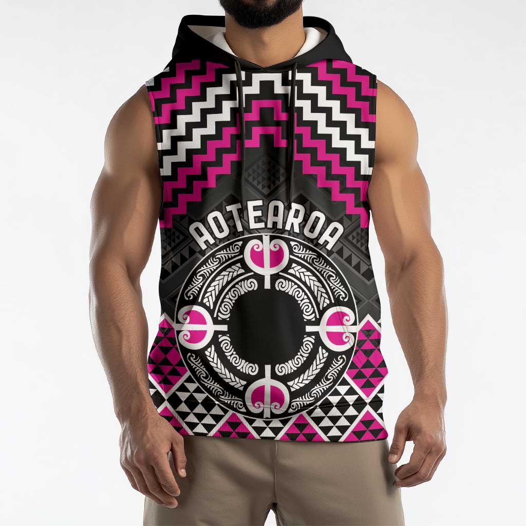 Personalised Aotearoa Niho Taniwha Motif Sleeveless Hoodie Pink Style - Polynesian Pride