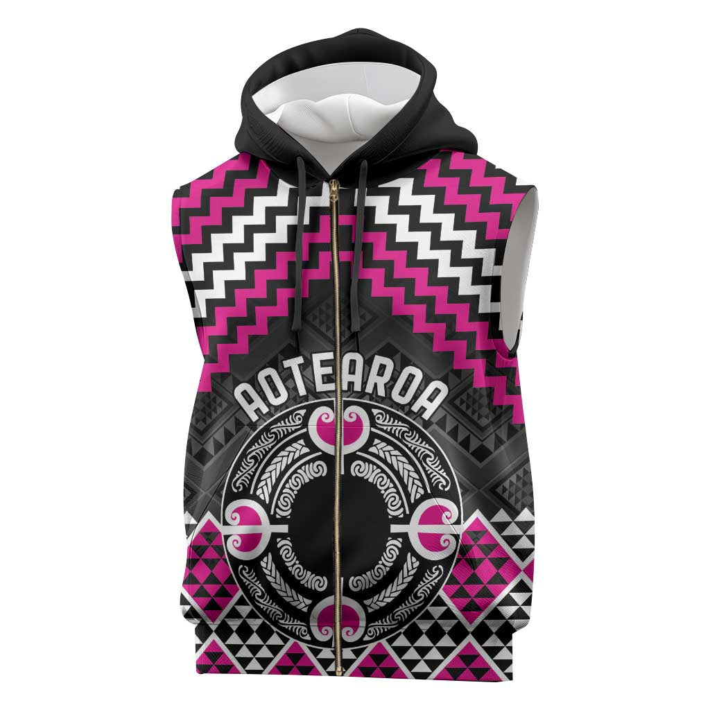 Personalised Aotearoa Niho Taniwha Motif Sleeveless Zip Hoodie Pink Style - Polynesian Pride