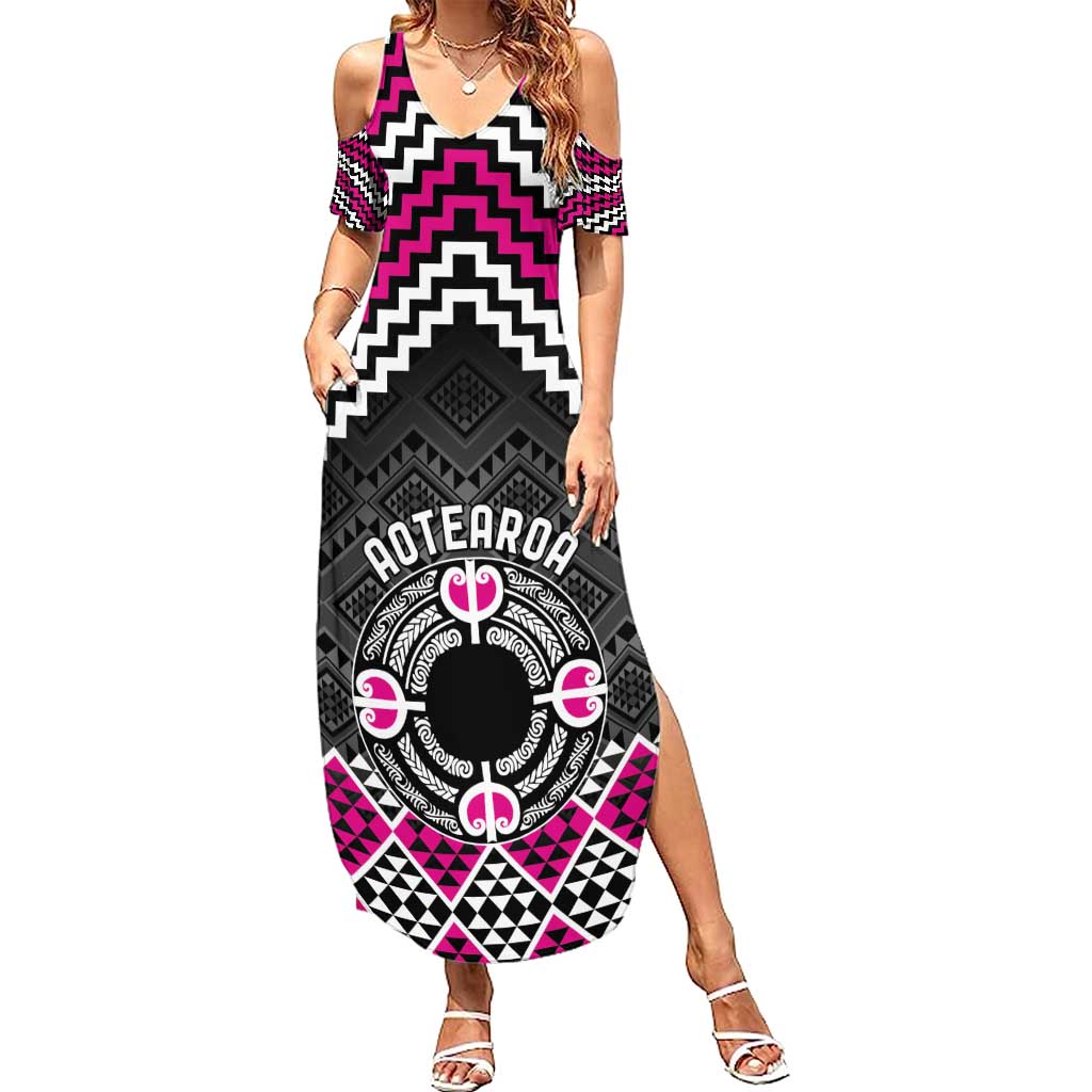 Personalised Aotearoa Niho Taniwha Motif Summer Maxi Dress Pink Style LT9 Women Pink - Polynesian Pride