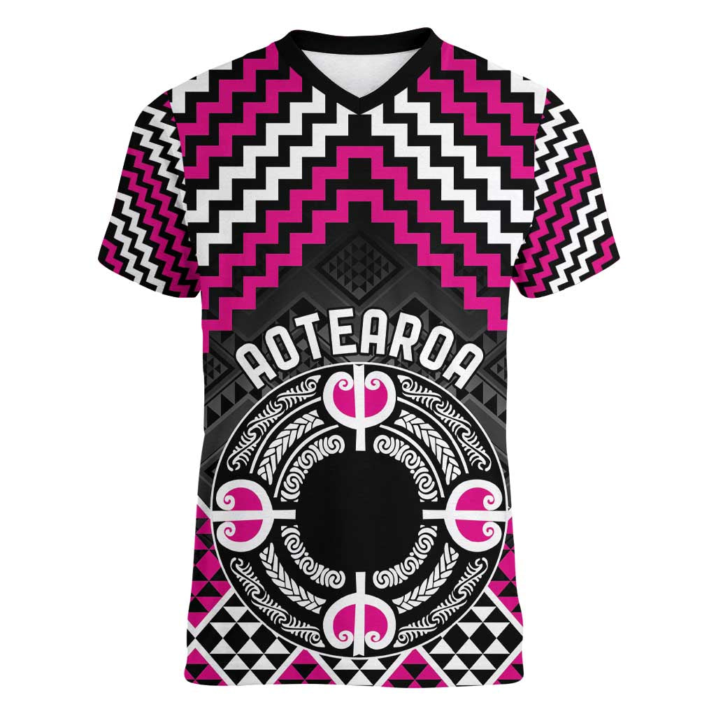 Personalised Aotearoa Niho Taniwha Motif Women V-Neck T-Shirt Pink Style LT9 Female Pink - Polynesian Pride