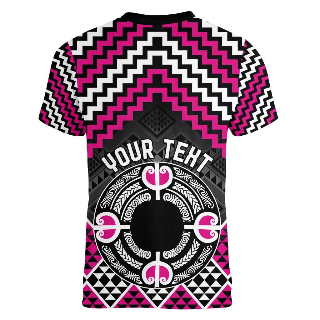 Personalised Aotearoa Niho Taniwha Motif Women V-Neck T-Shirt Pink Style LT9 - Polynesian Pride