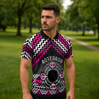 Personalised Aotearoa Niho Taniwha Motif Zipper Polo Shirt Pink Style - Polynesian Pride