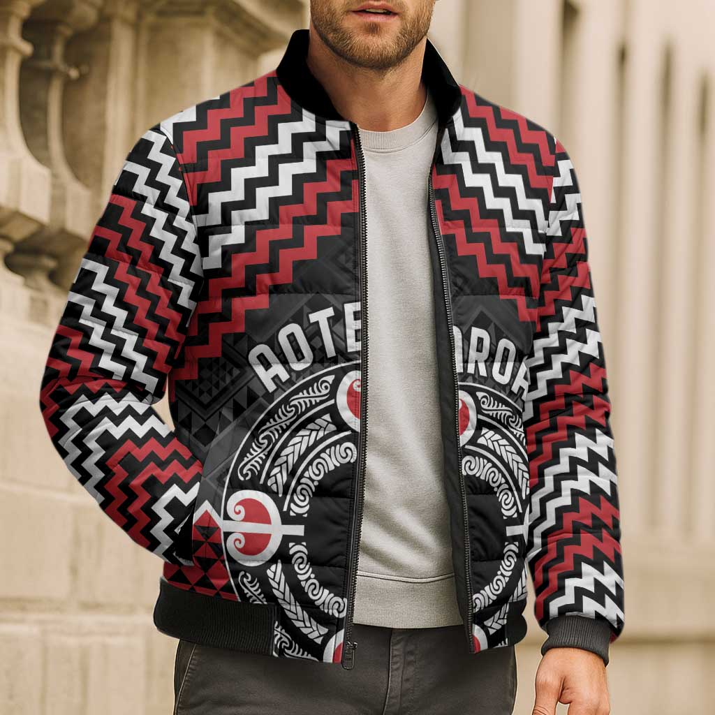 Personalised Aotearoa Niho Taniwha Motif Bomber Puffer Jacket Red Style - Polynesian Pride