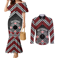 Personalised Aotearoa Niho Taniwha Motif Couples Matching Mermaid Dress and Long Sleeve Button Shirt Red Style LT9 Red - Polynesian Pride