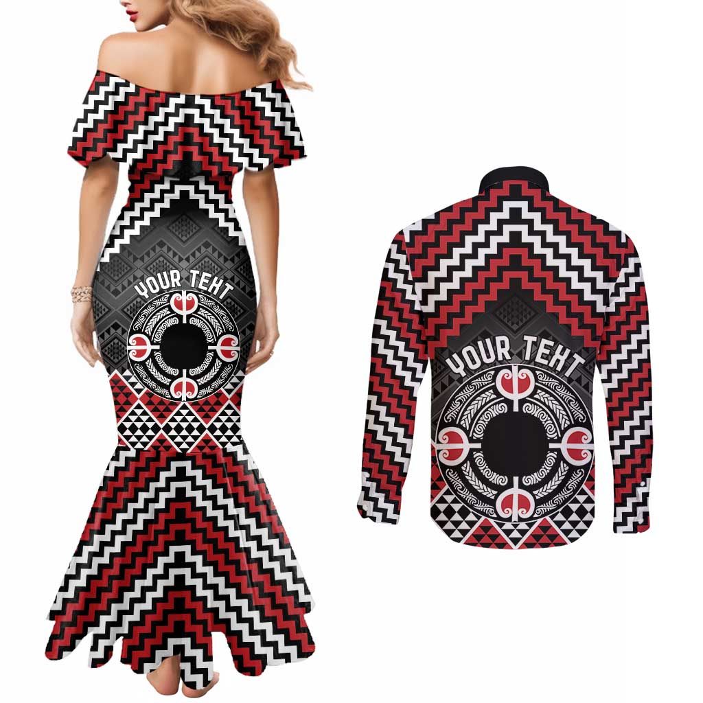 Personalised Aotearoa Niho Taniwha Motif Couples Matching Mermaid Dress and Long Sleeve Button Shirt Red Style LT9 - Polynesian Pride