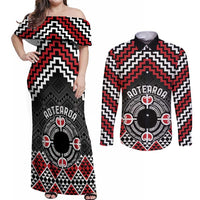Personalised Aotearoa Niho Taniwha Motif Couples Matching Off Shoulder Maxi Dress and Long Sleeve Button Shirt Red Style LT9 Red - Polynesian Pride