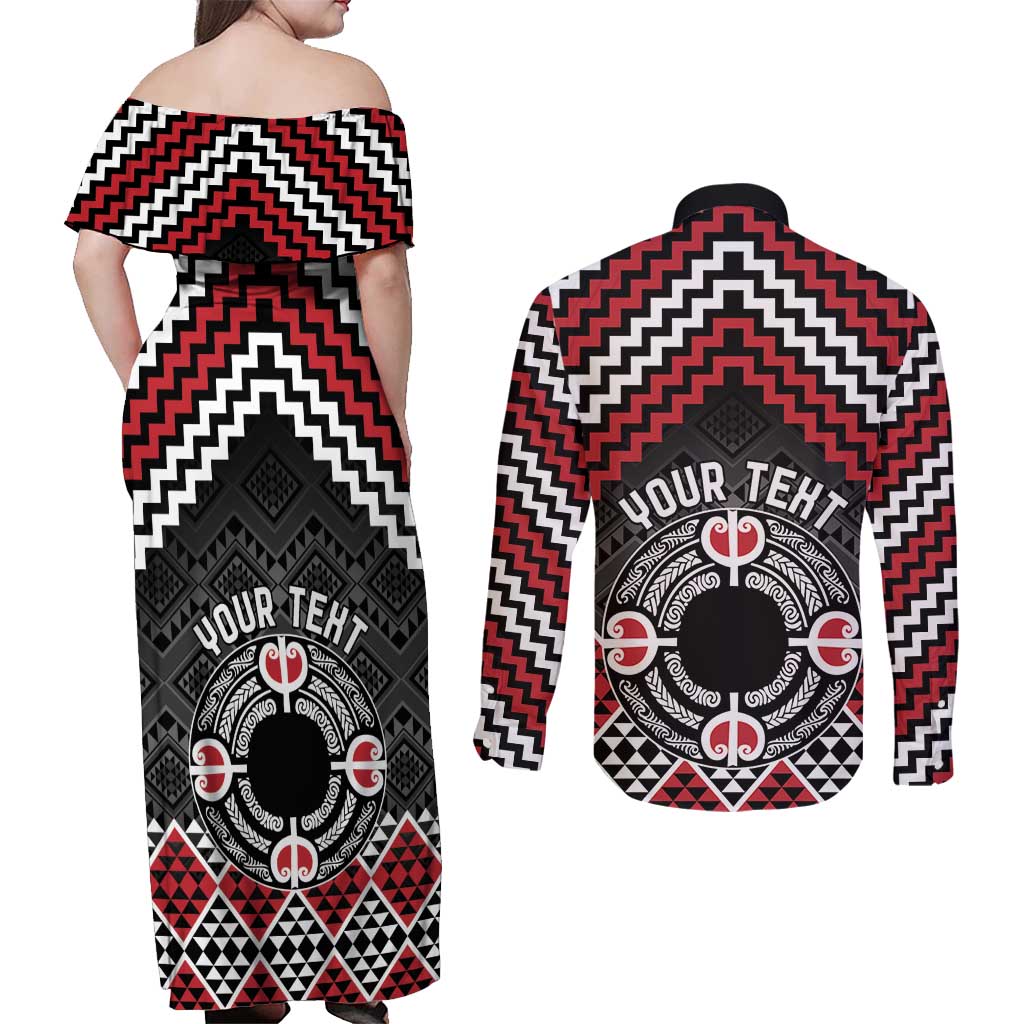 Personalised Aotearoa Niho Taniwha Motif Couples Matching Off Shoulder Maxi Dress and Long Sleeve Button Shirt Red Style LT9 - Polynesian Pride