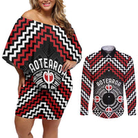 Personalised Aotearoa Niho Taniwha Motif Couples Matching Off Shoulder Short Dress and Long Sleeve Button Shirt Red Style LT9 Red - Polynesian Pride