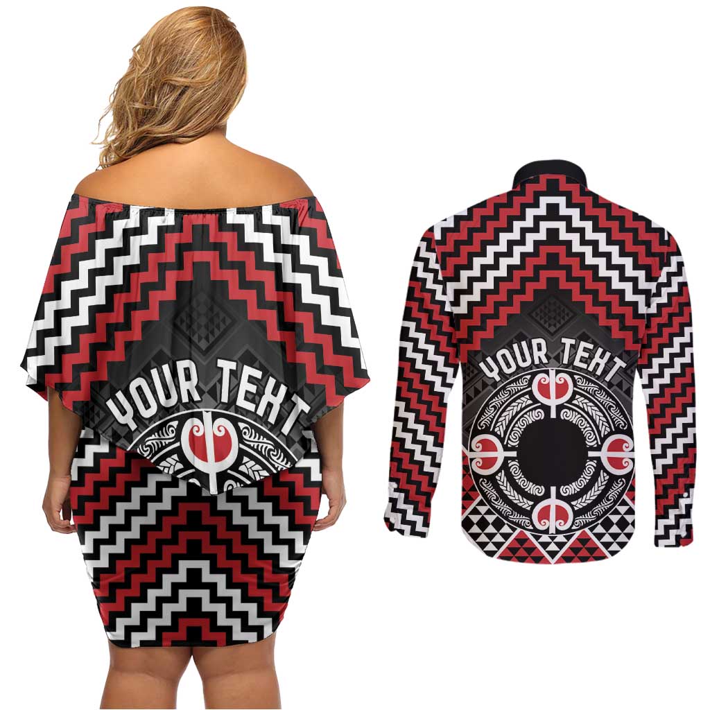 Personalised Aotearoa Niho Taniwha Motif Couples Matching Off Shoulder Short Dress and Long Sleeve Button Shirt Red Style LT9 - Polynesian Pride
