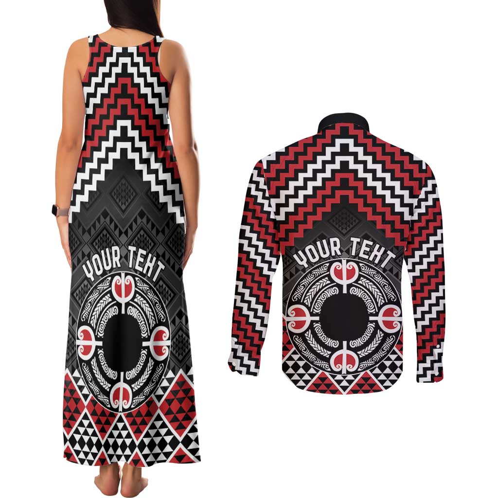Personalised Aotearoa Niho Taniwha Motif Couples Matching Tank Maxi Dress and Long Sleeve Button Shirt Red Style LT9 - Polynesian Pride