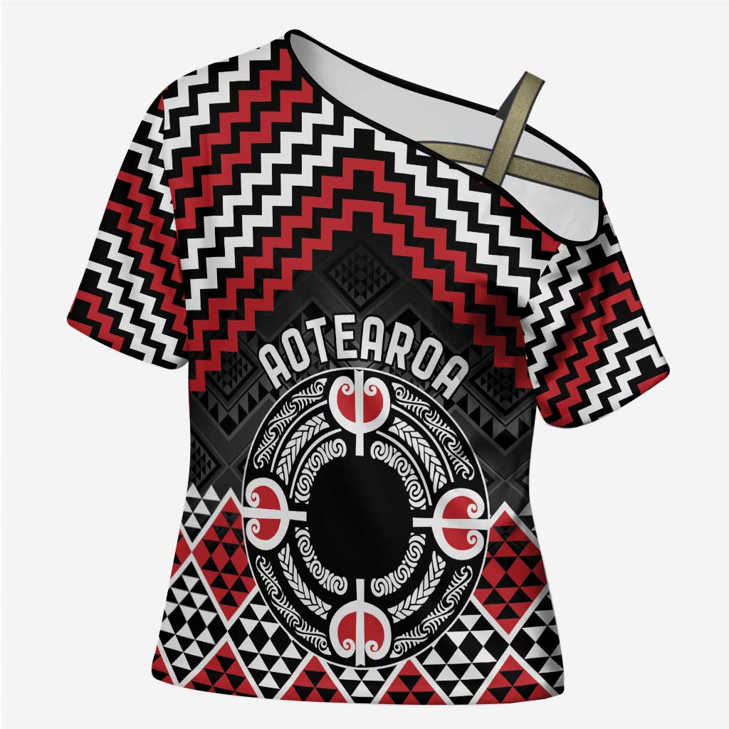 Personalised Aotearoa Niho Taniwha Motif Cross Shoulder Shirt Red Style - Polynesian Pride