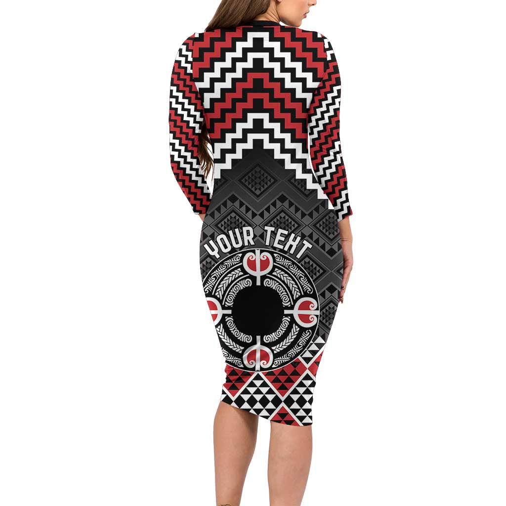 Personalised Aotearoa Niho Taniwha Motif Family Matching Long Sleeve Bodycon Dress and Hawaiian Shirt Red Style