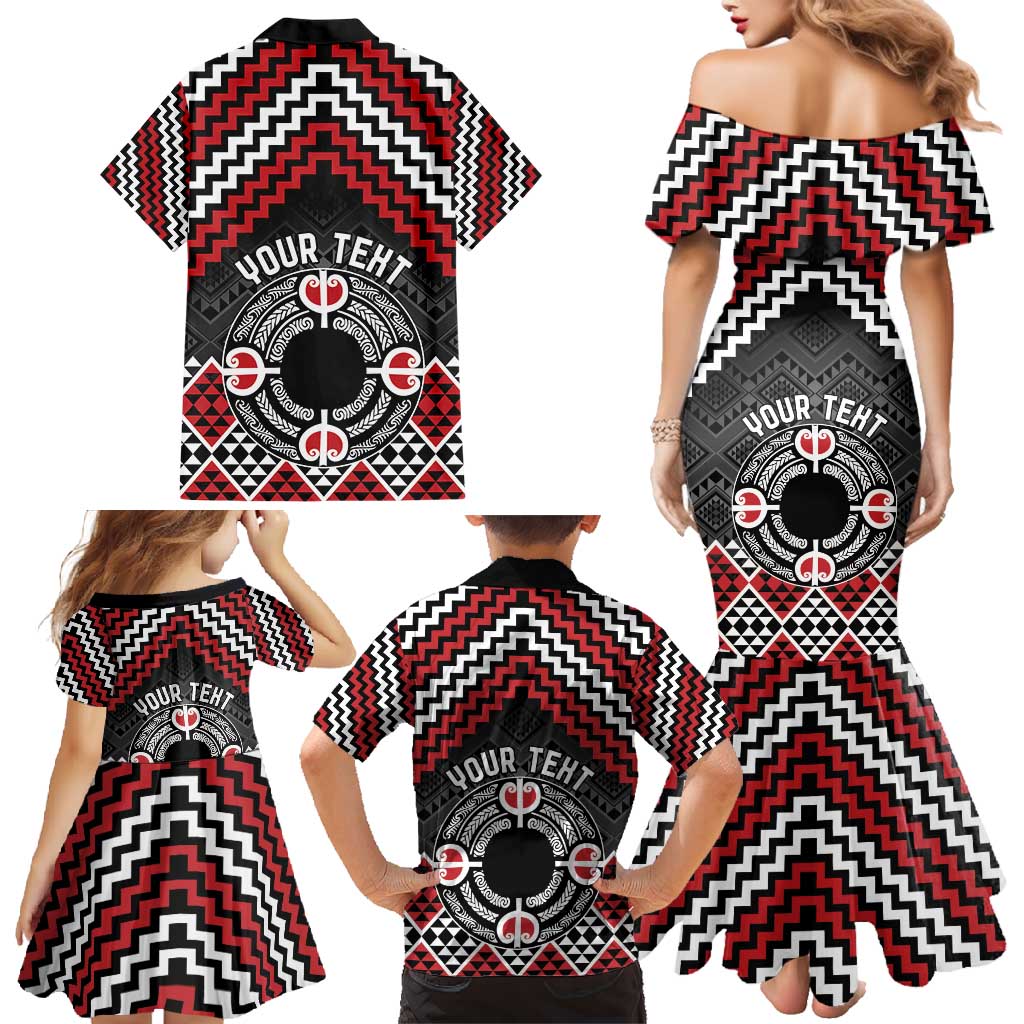 Personalised Aotearoa Niho Taniwha Motif Family Matching Mermaid Dress and Hawaiian Shirt Red Style