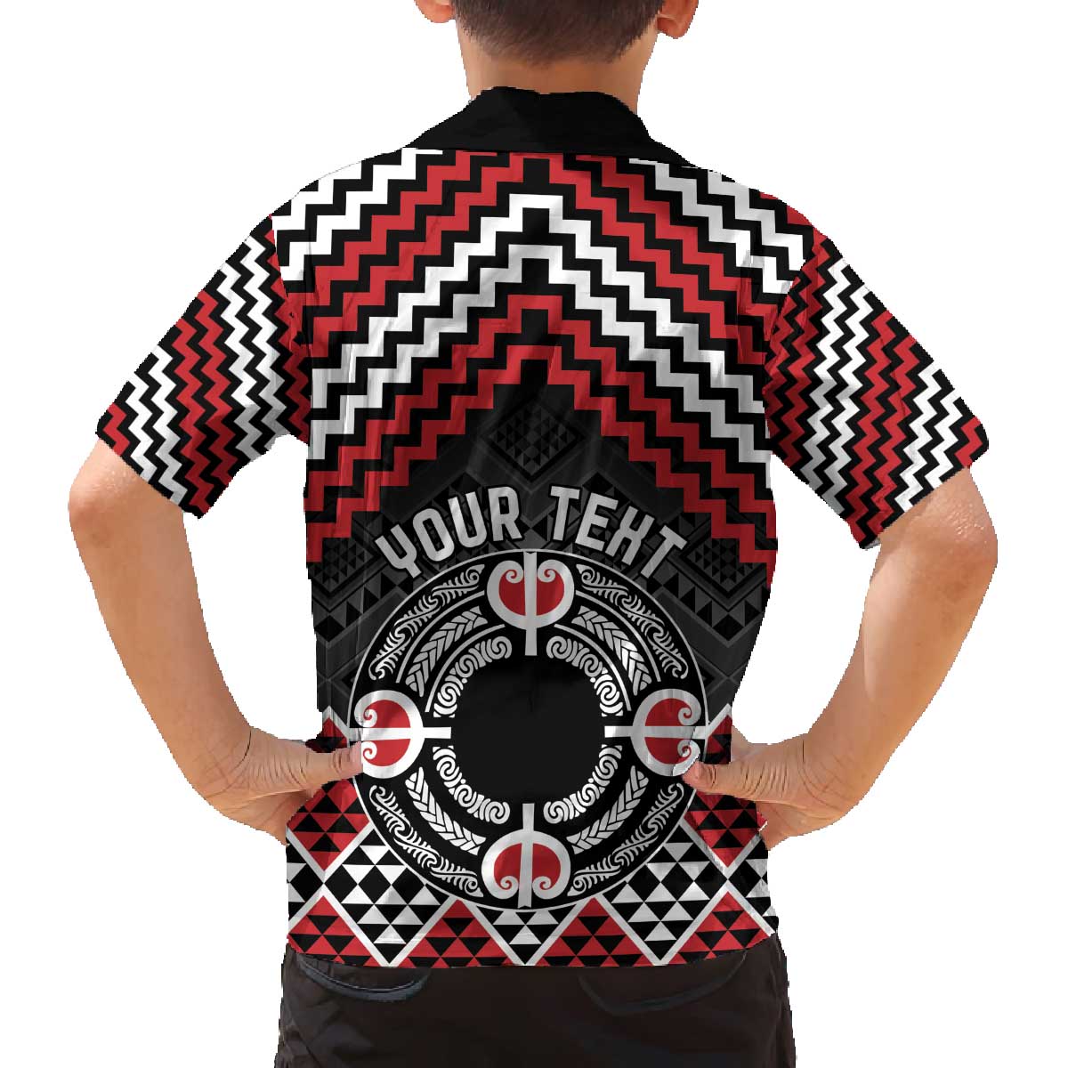 Personalised Aotearoa Niho Taniwha Motif Family Matching Off The Shoulder Long Sleeve Dress and Hawaiian Shirt Red Style