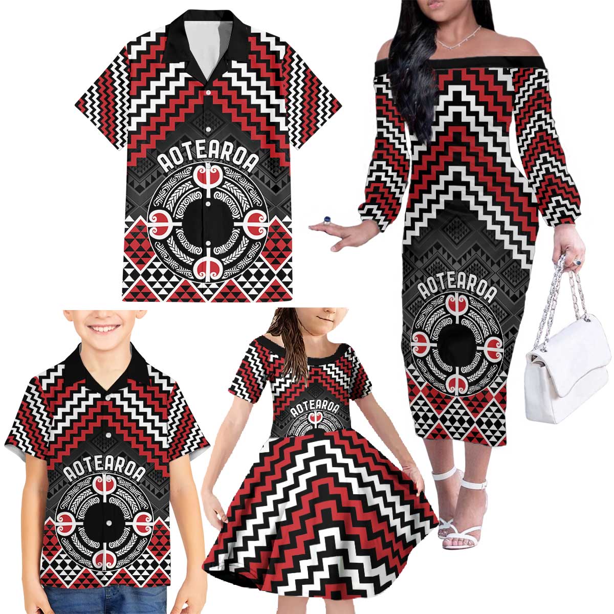 Personalised Aotearoa Niho Taniwha Motif Family Matching Off The Shoulder Long Sleeve Dress and Hawaiian Shirt Red Style