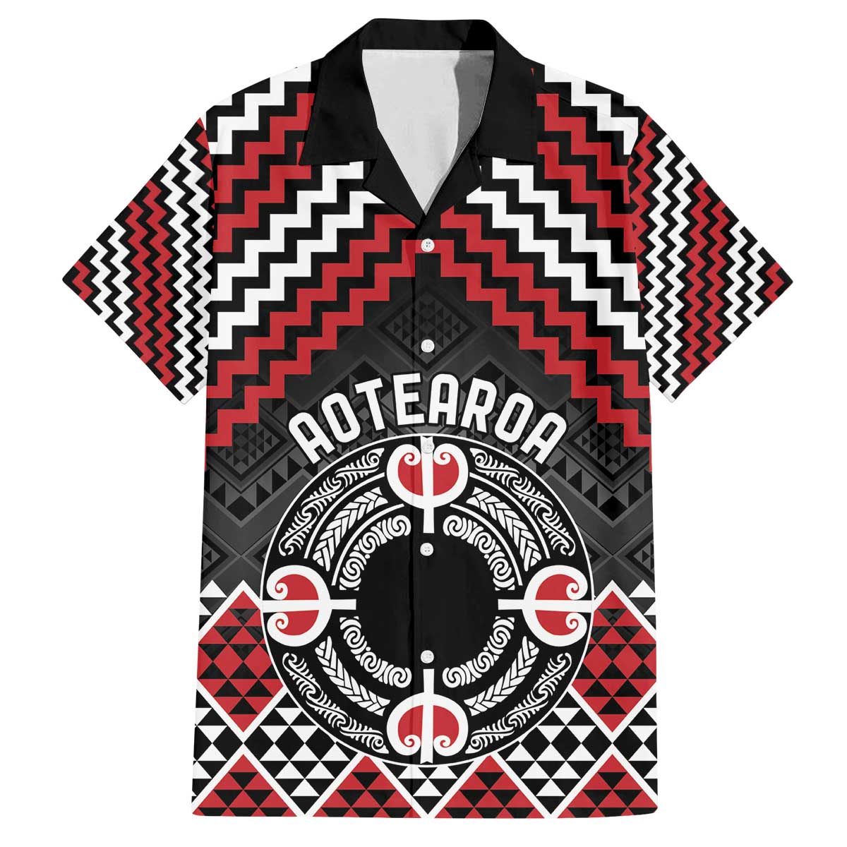 Personalised Aotearoa Niho Taniwha Motif Family Matching Off The Shoulder Long Sleeve Dress and Hawaiian Shirt Red Style