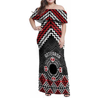 Personalised Aotearoa Niho Taniwha Motif Family Matching Off Shoulder Maxi Dress and Hawaiian Shirt Red Style