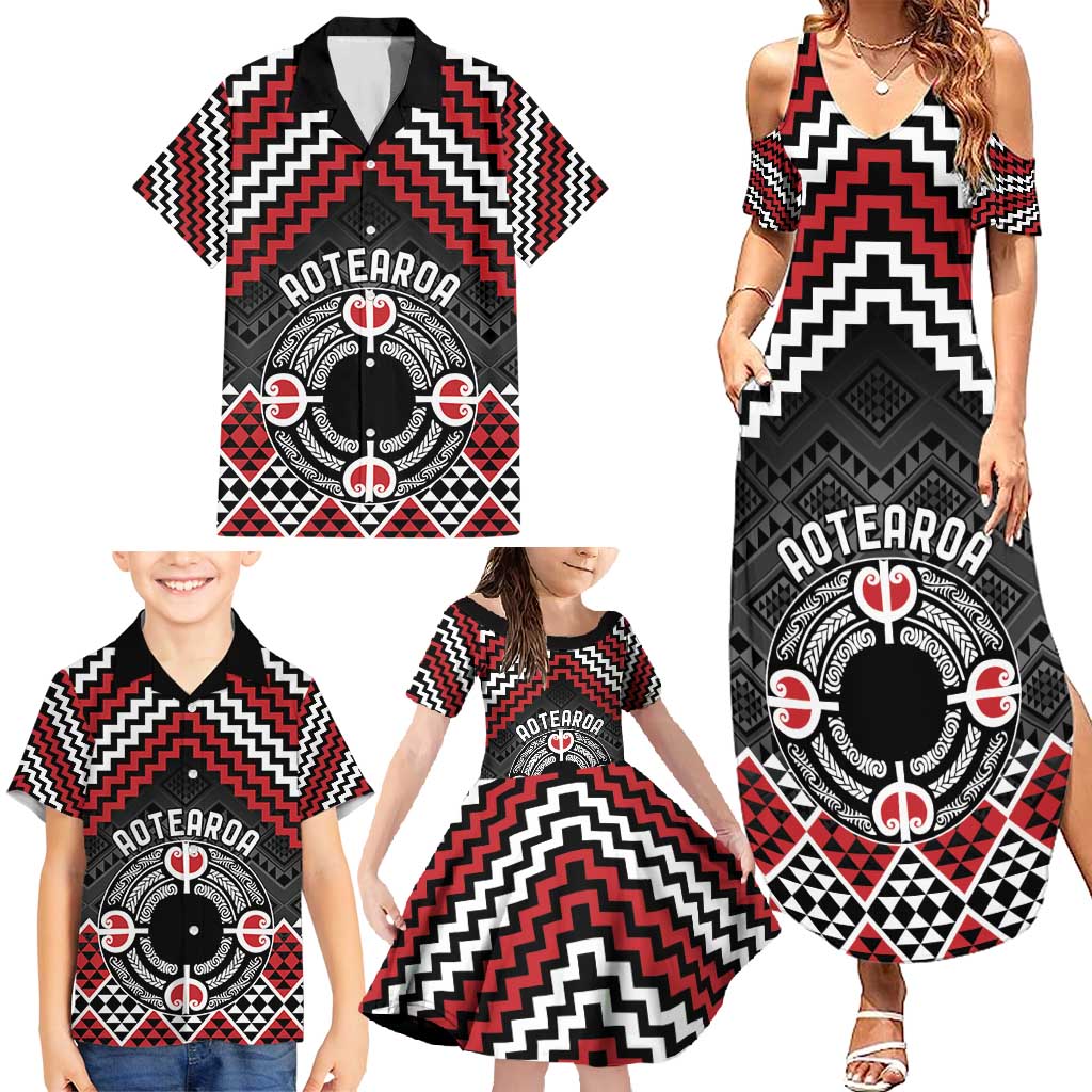 Personalised Aotearoa Niho Taniwha Motif Family Matching Summer Maxi Dress and Hawaiian Shirt Red Style