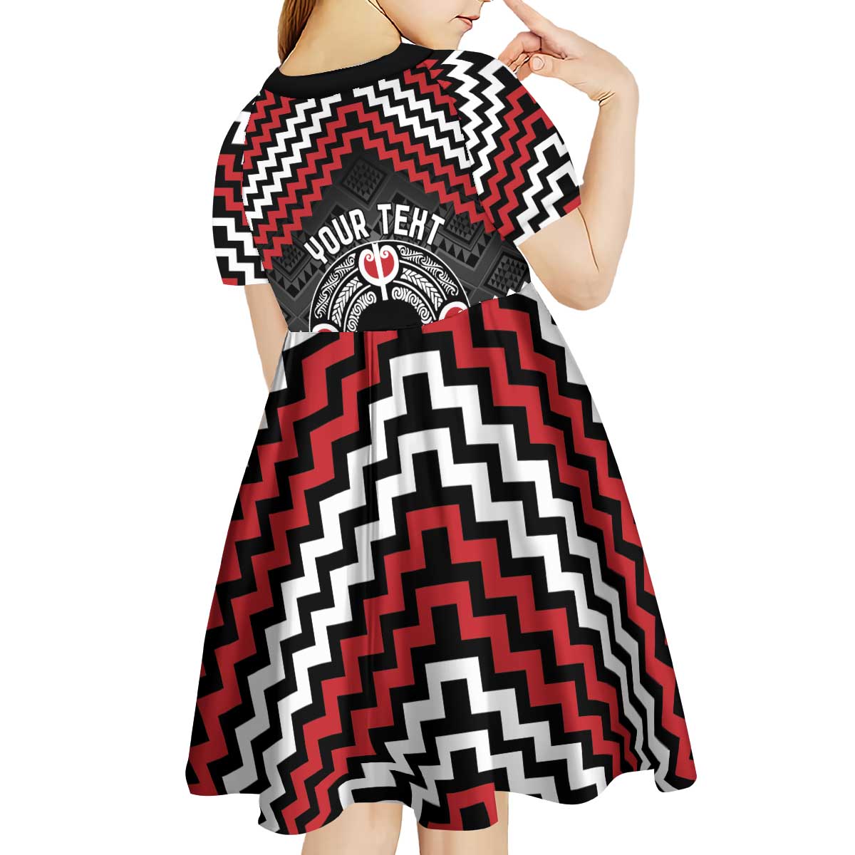 Personalised Aotearoa Niho Taniwha Motif Kid Short Sleeve Dress Red Style