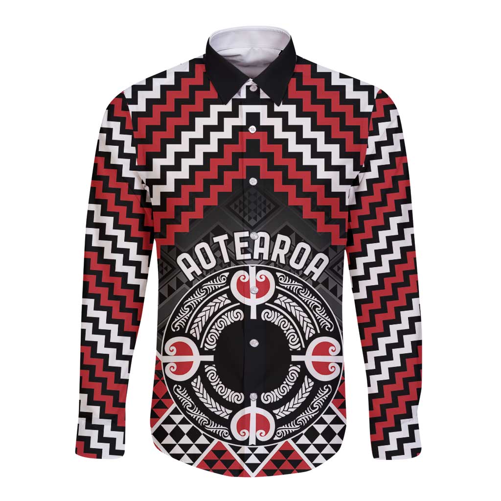 Personalised Aotearoa Niho Taniwha Motif Long Sleeve Button Shirt Red Style LT9 Unisex Red - Polynesian Pride