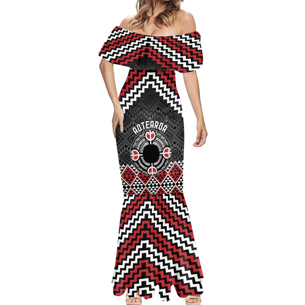 Personalised Aotearoa Niho Taniwha Motif Mermaid Dress Red Style